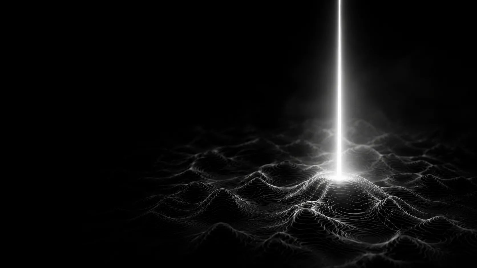 Abstract monochrome illustration: a dark topographic terrain with a single white beam marking a location โ local AI search visibility.