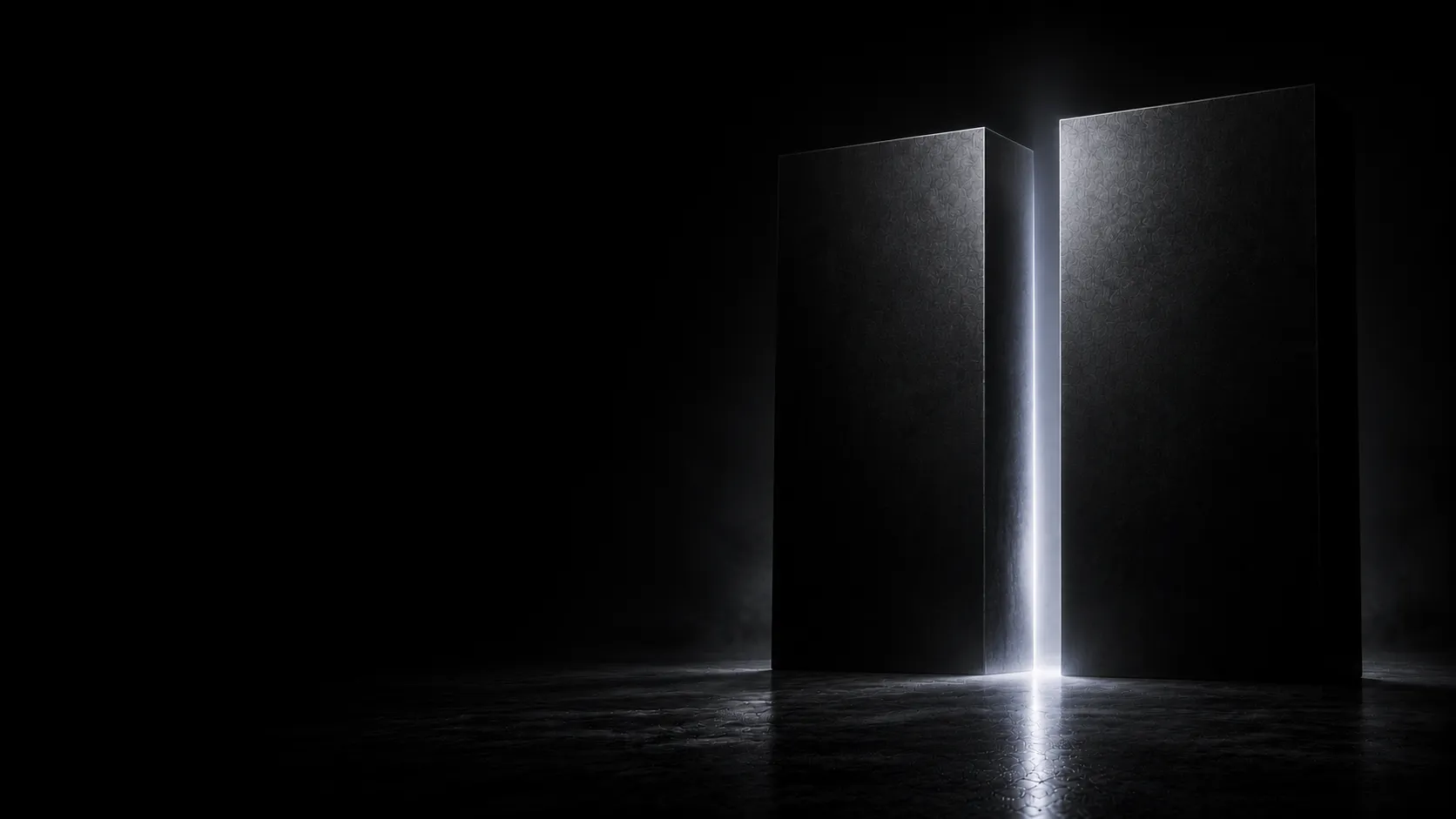 Abstract monochrome illustration: two dark monoliths facing across a white-lit gap — AEO versus SEO.