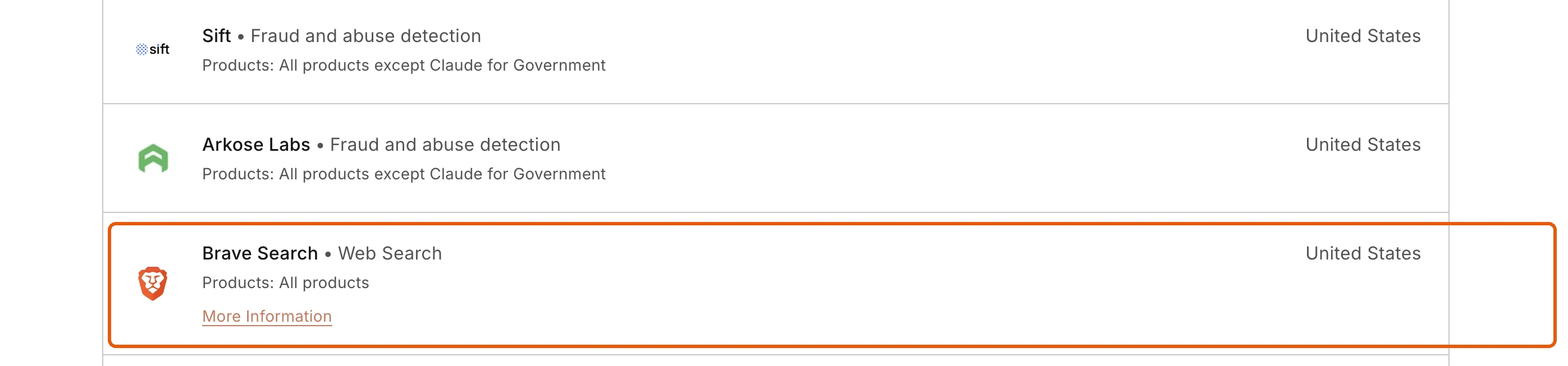 Anthropic's Trust Center subprocessor list with Brave Search highlighted — listed under "Web Search" for "All products".