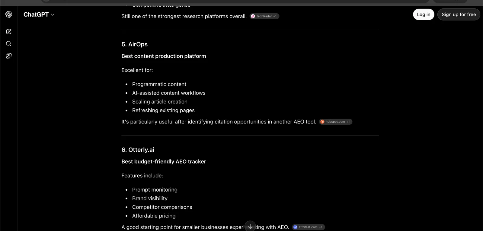 ChatGPT (logged out) ranking AEO tools including AirOps and Otterly.ai with reasoning.
