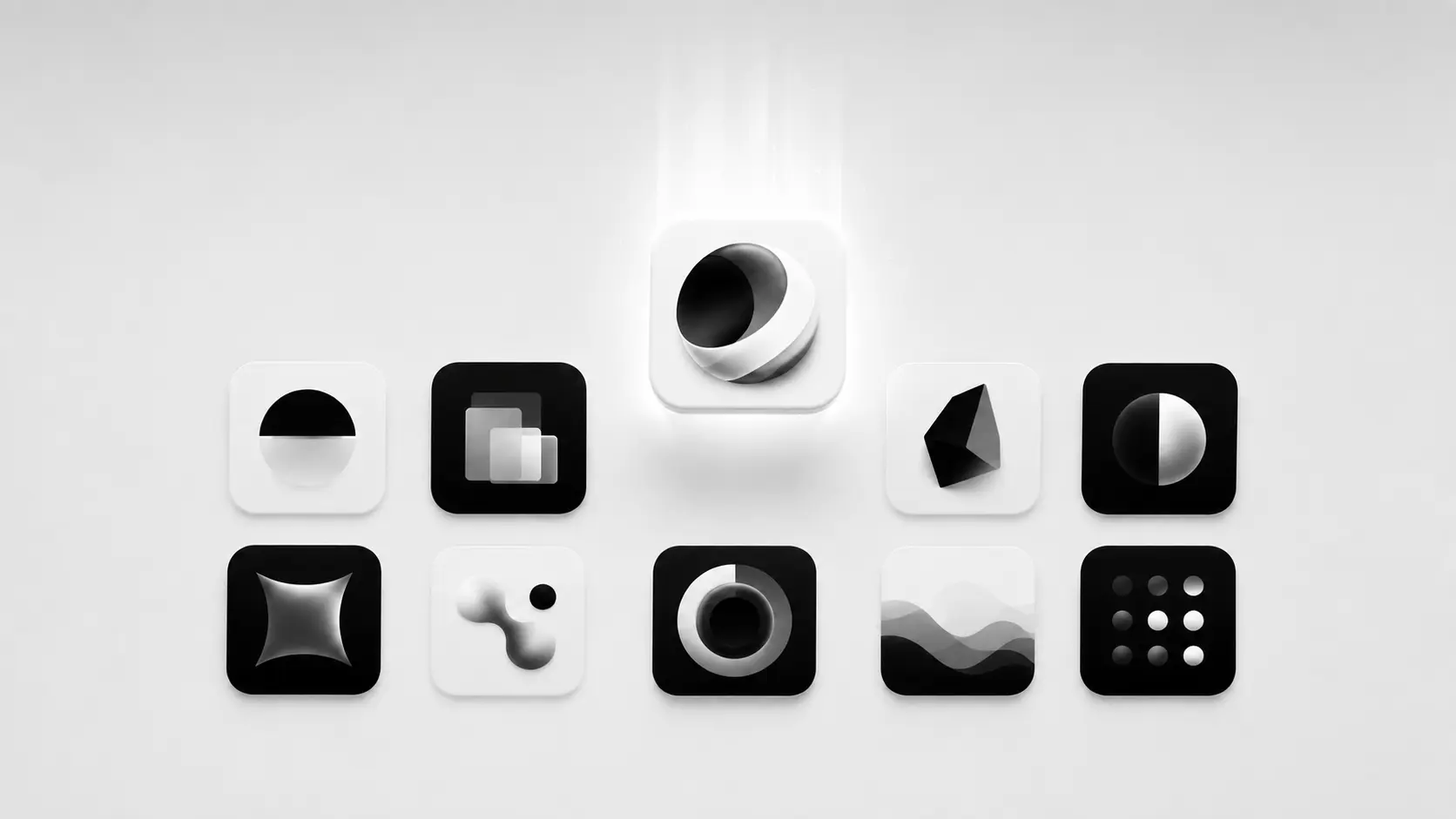 Abstract monochrome illustration: a grid of black-and-white app icons with one lifted and spotlit as the top pick.