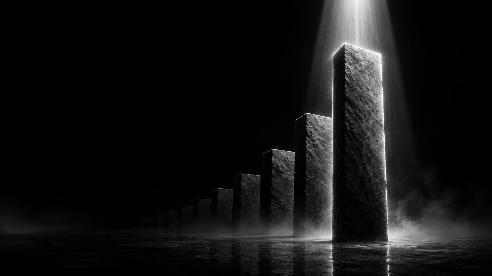 Cinematic black-and-white render: a row of dark stone monoliths rising in height like a ranking, the tallest at the front catching a shaft of white light through drifting fog — the best AI search engine among 15 tested.