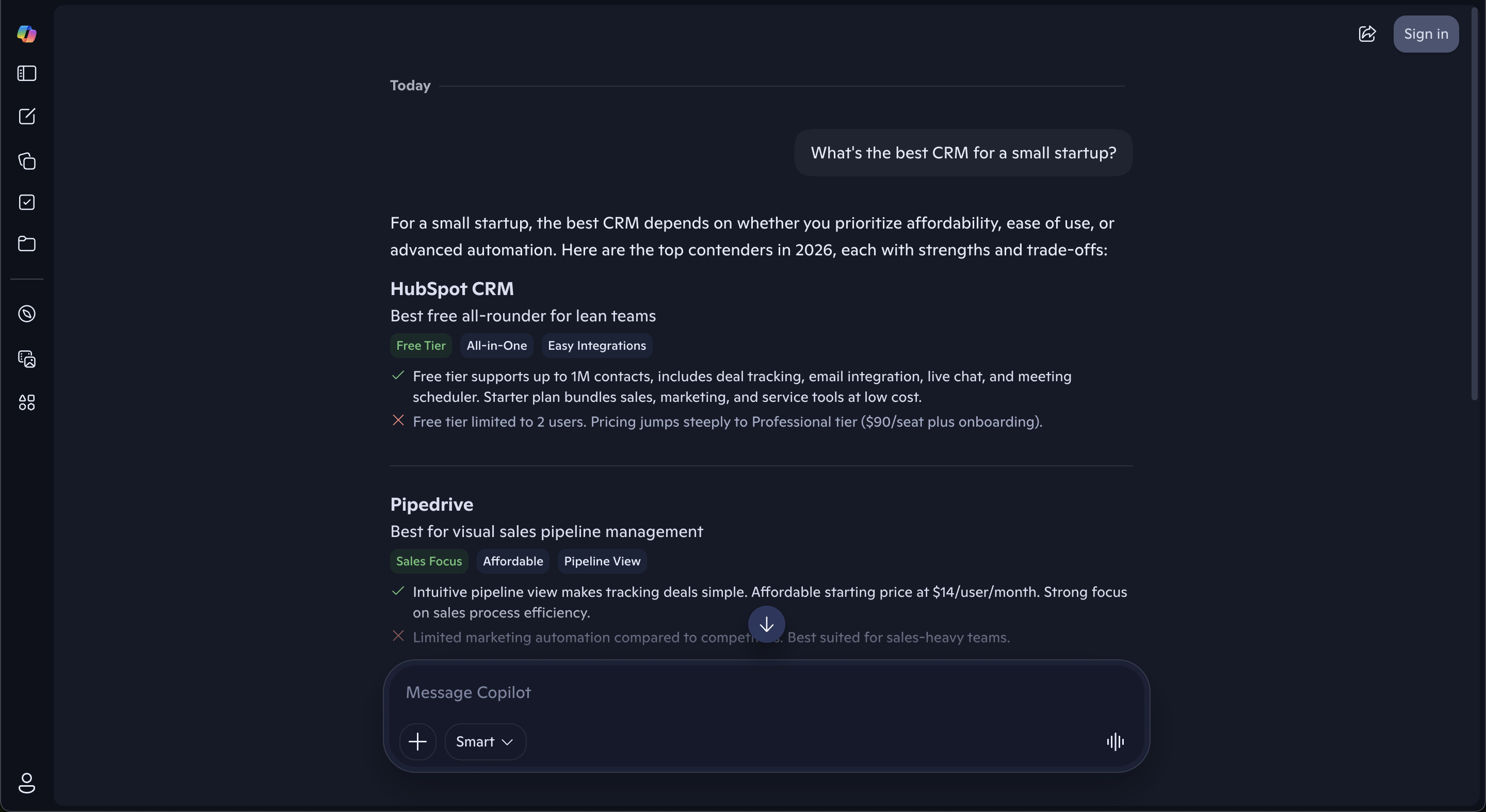 Microsoft Copilot answering "What's the best CRM for a small startup?" with a pros and cons breakdown