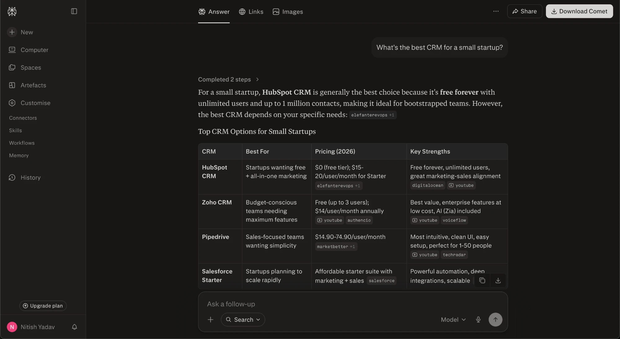 Perplexity AI search engine answering "What's the best CRM for a small startup?" with numbered source citations