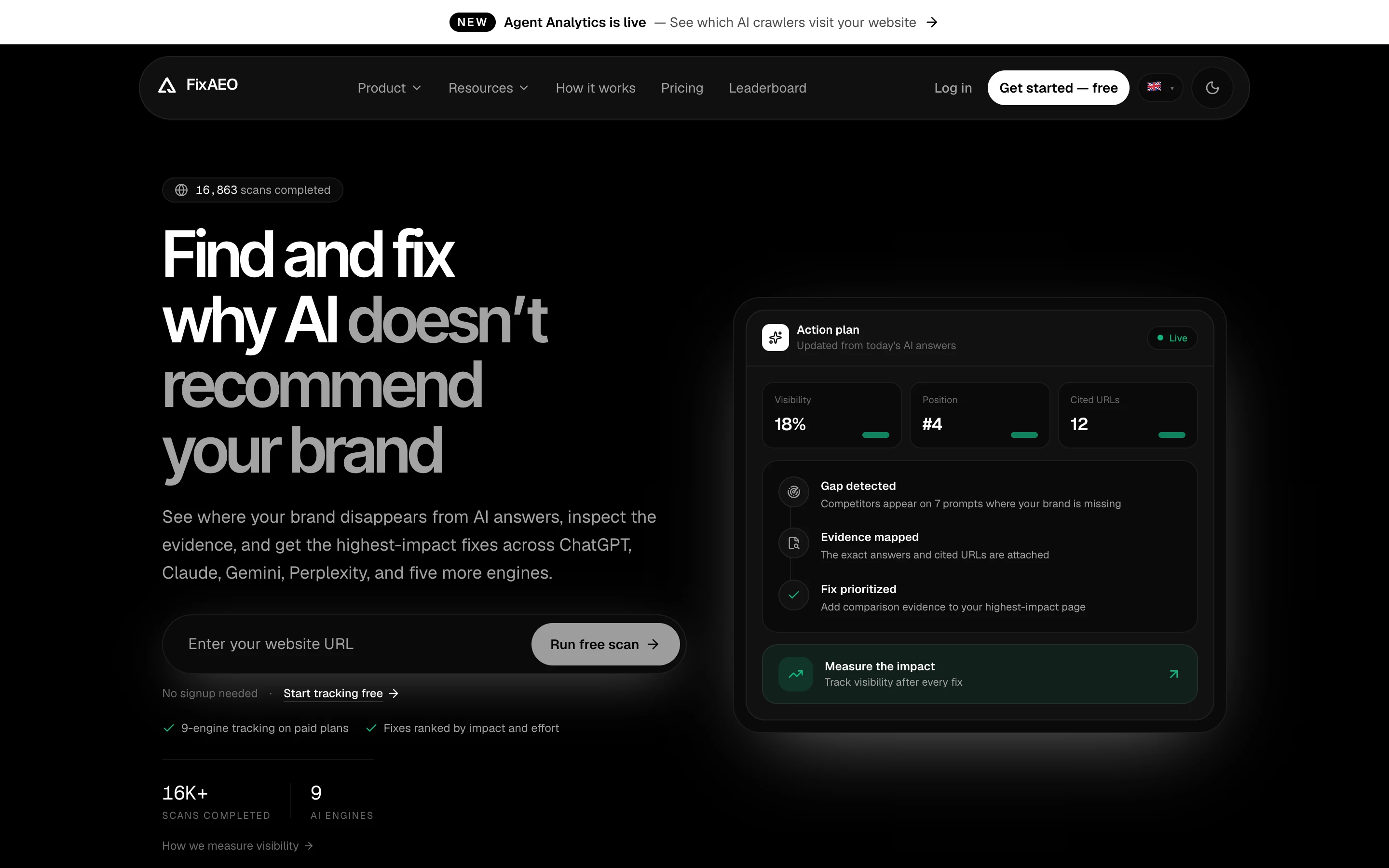 FixAEO homepage showing the free scan flow — find and fix why AI doesn't recommend your brand, with an example action plan on the right.