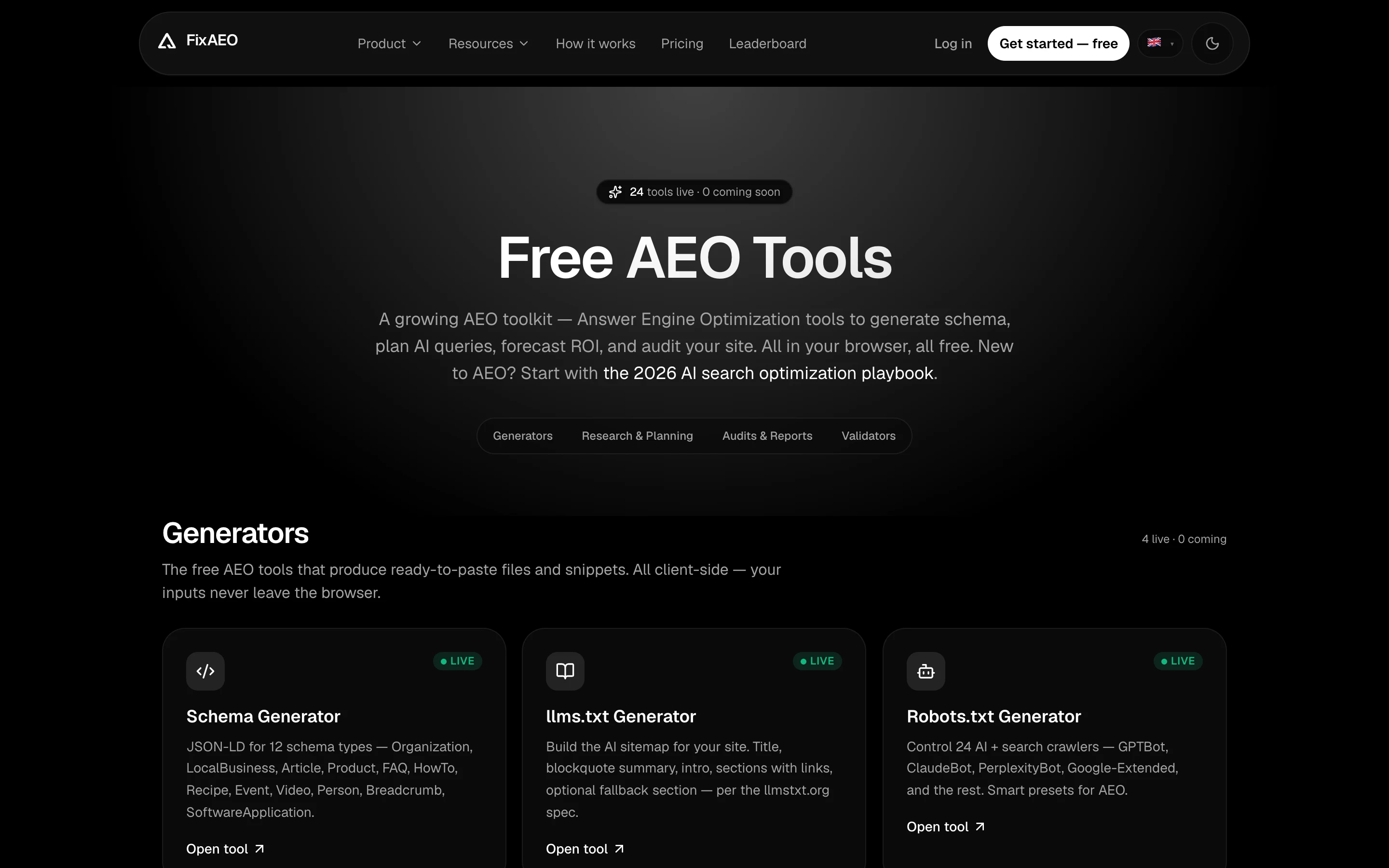 FixAEO free AEO tools page showing categories — Generators, Research & Planning, Audits & Reports, Validators — and the first three live tools.