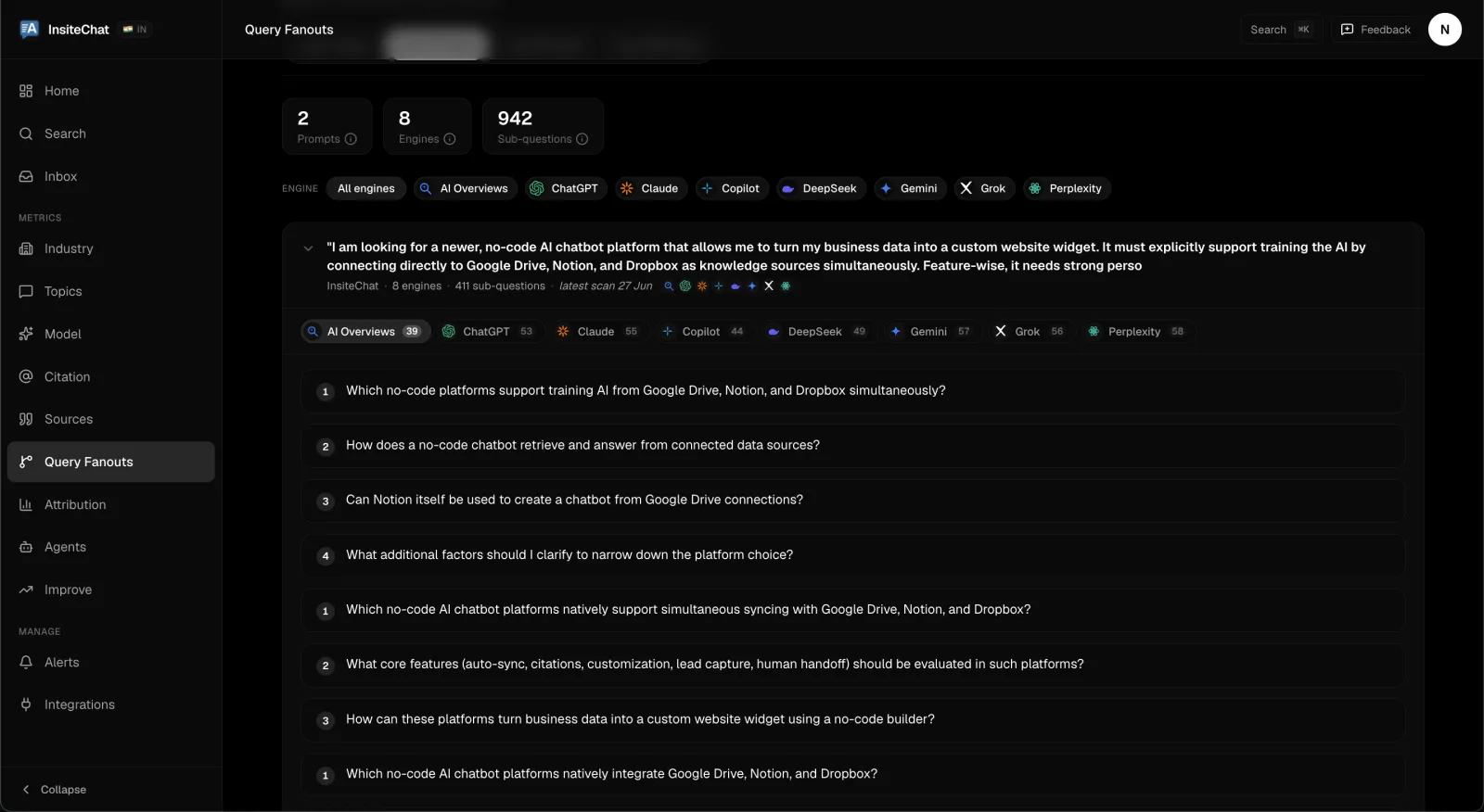 FixAEO query fan-out showing one prompt decomposed by AI engines into eight sub-questions for InsiteChat.