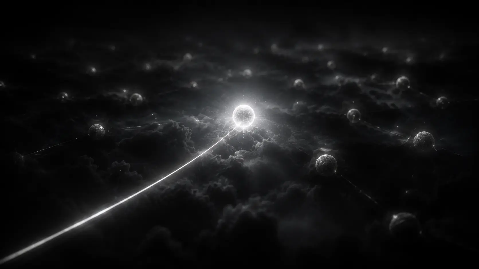 Cinematic black-and-white render of a field of glowing answer-engine nodes in drifting fog, with a single bright line of light threading to the one node lit brighter than the rest — the cited brand.