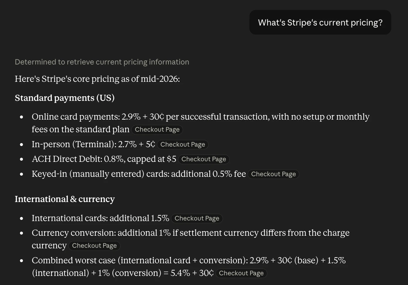 Claude answering "What's Stripe's current pricing?" with a live web search, citing each figure inline with clickable source tags.