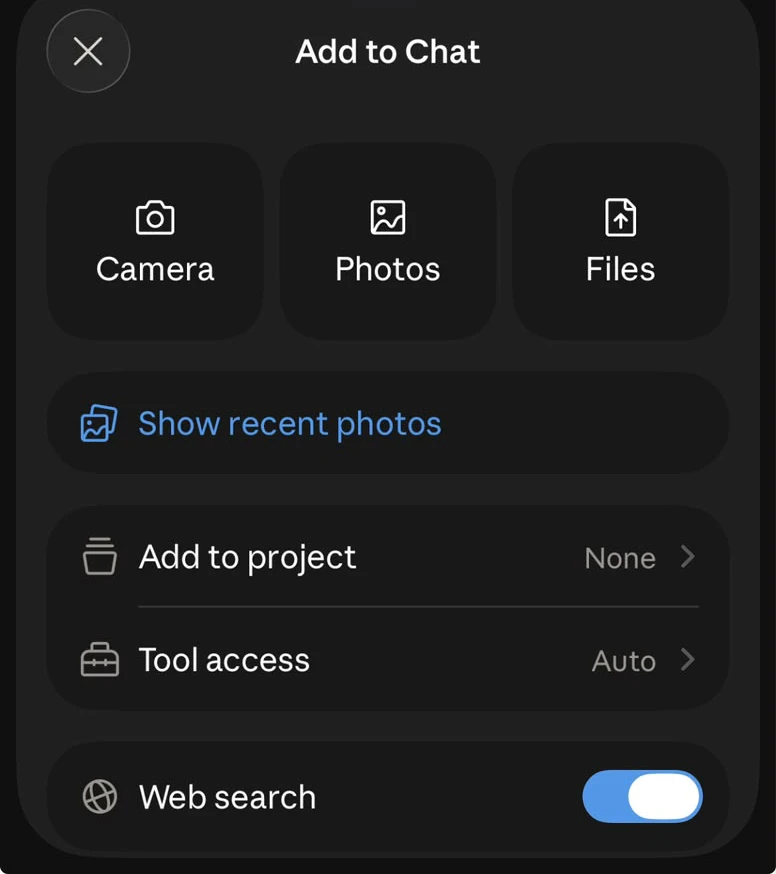 The Claude mobile app's Add to Chat sheet with the Web search toggle switched on.
