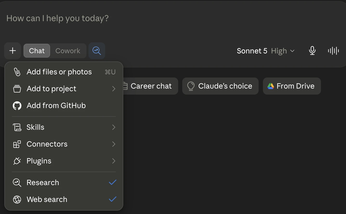 The Claude.ai + menu open on a Pro account, with both Web search and Research switched on (blue checks).