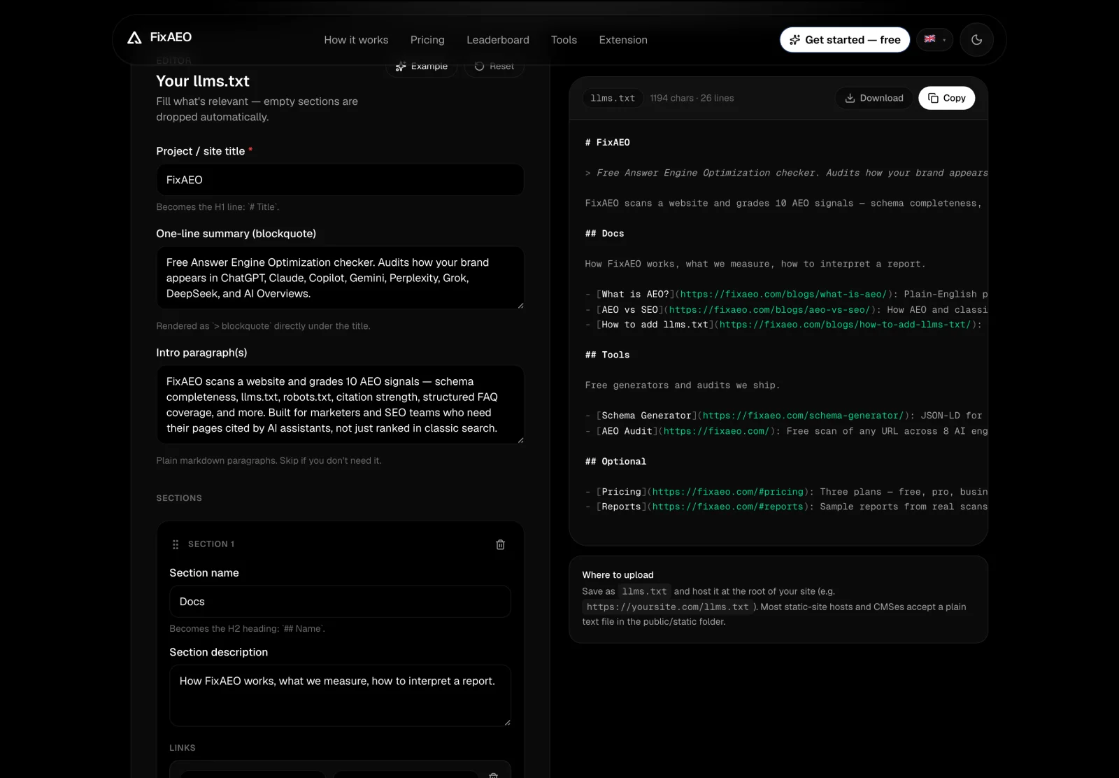 The FixAEO llms.txt generator with a filled form on the left and a complete generated llms.txt, with Docs, Tools, and Optional sections, on the right.