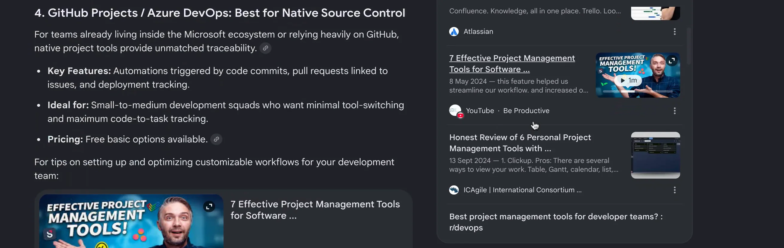 A Google AI Overview embedding a YouTube explainer video and citing two more YouTube videos plus a Reddit thread in its sources panel, for a project-management-tools query.