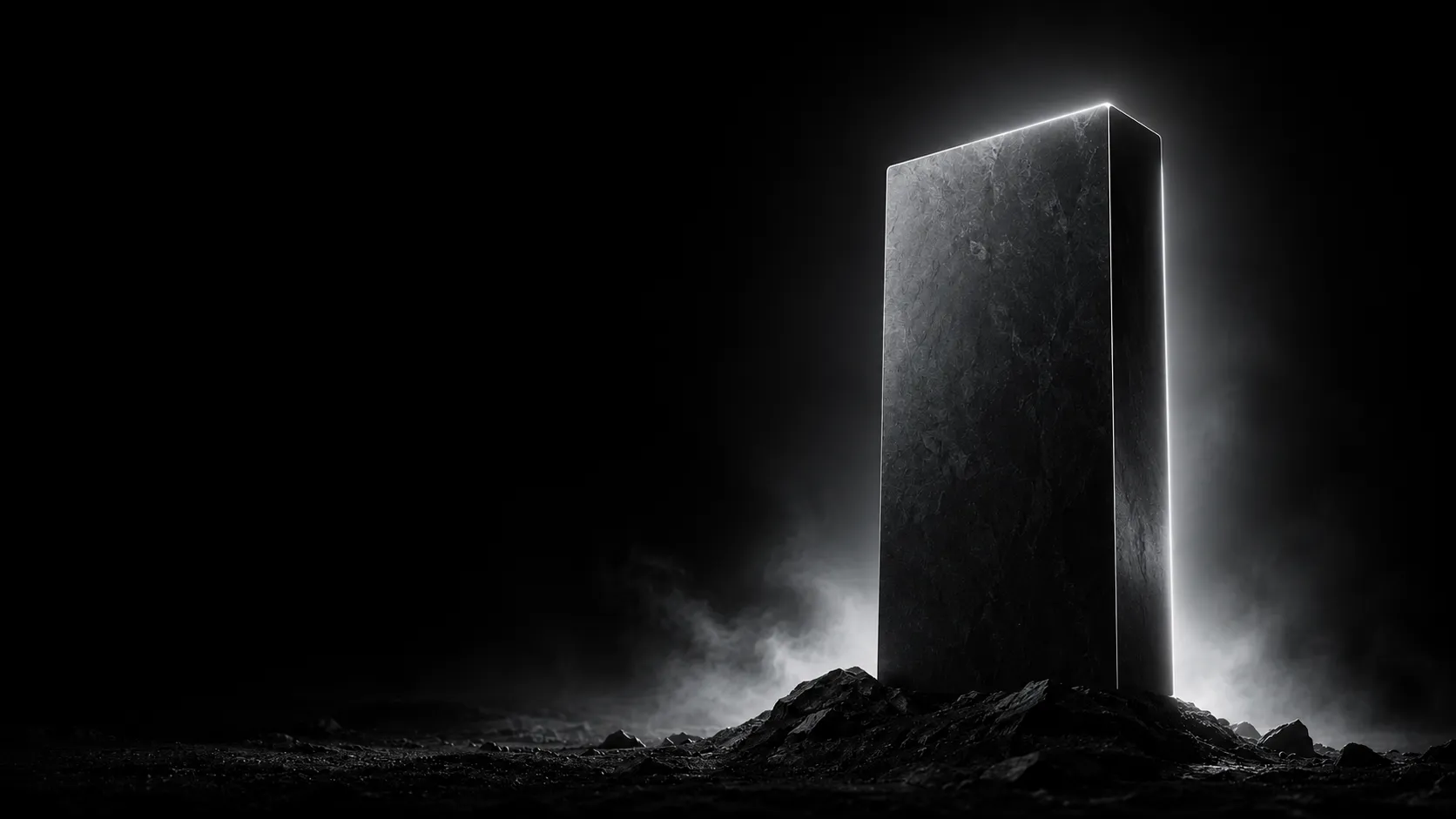 Abstract monochrome illustration: a dark monolith rimmed with white light rising from rocky ground — a study of how Google Gemini names brands.