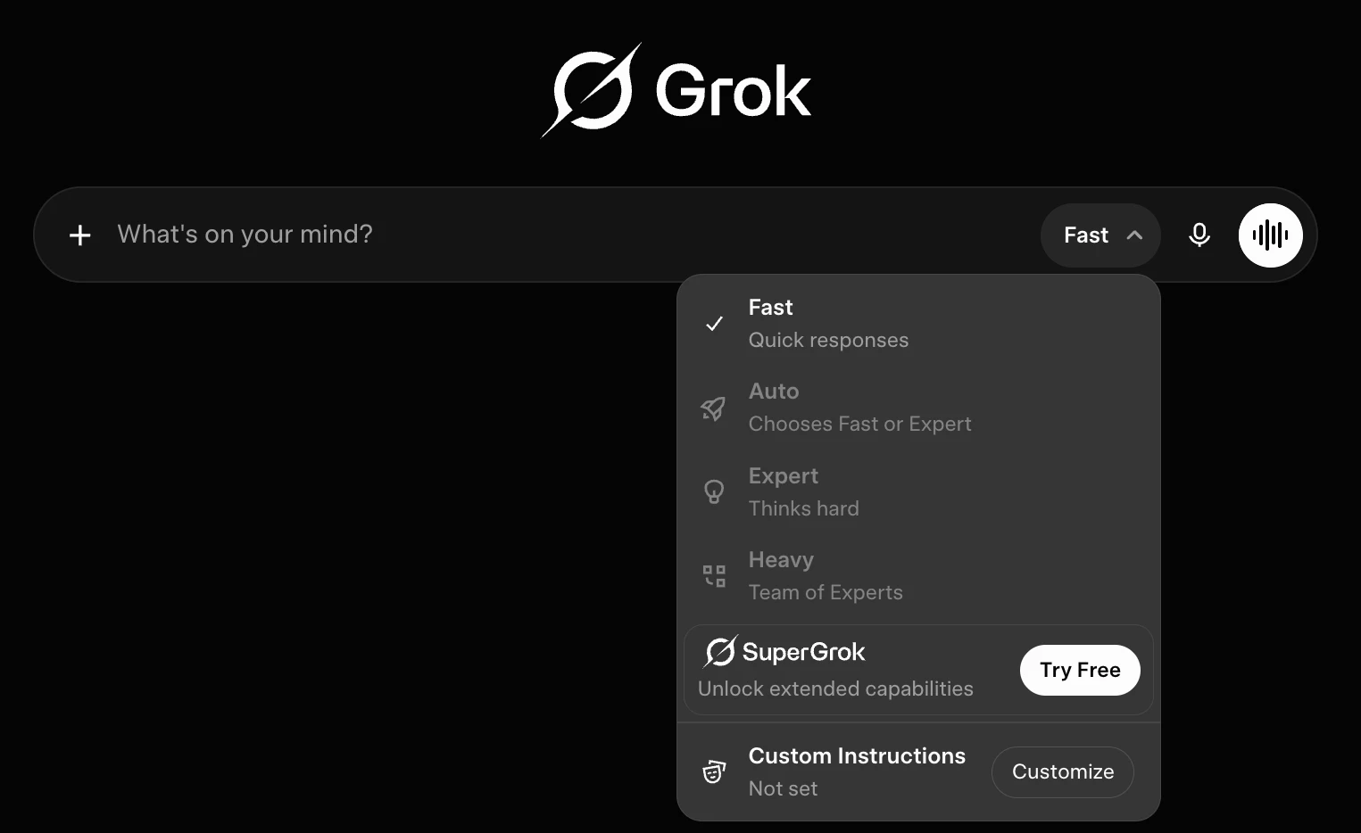 The Grok mode selector on grok.com, open to show Fast (selected), Auto, Expert, and Heavy.