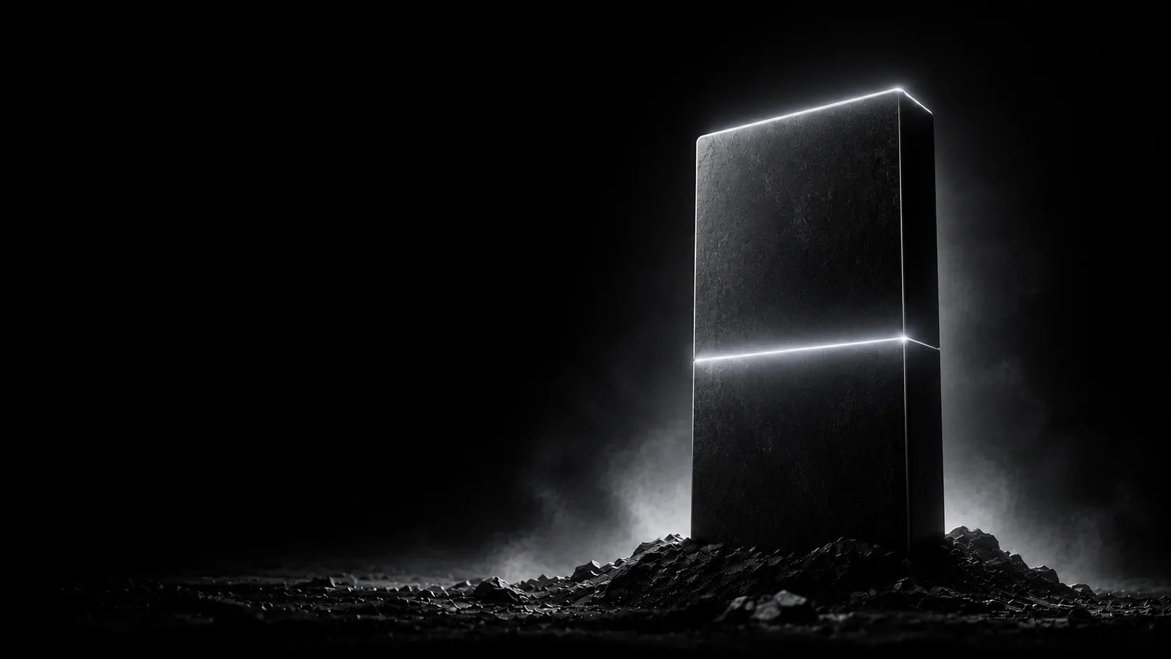 Abstract monochrome illustration: a dark upright tablet with a white-lit edge and seam β an llms.txt file.