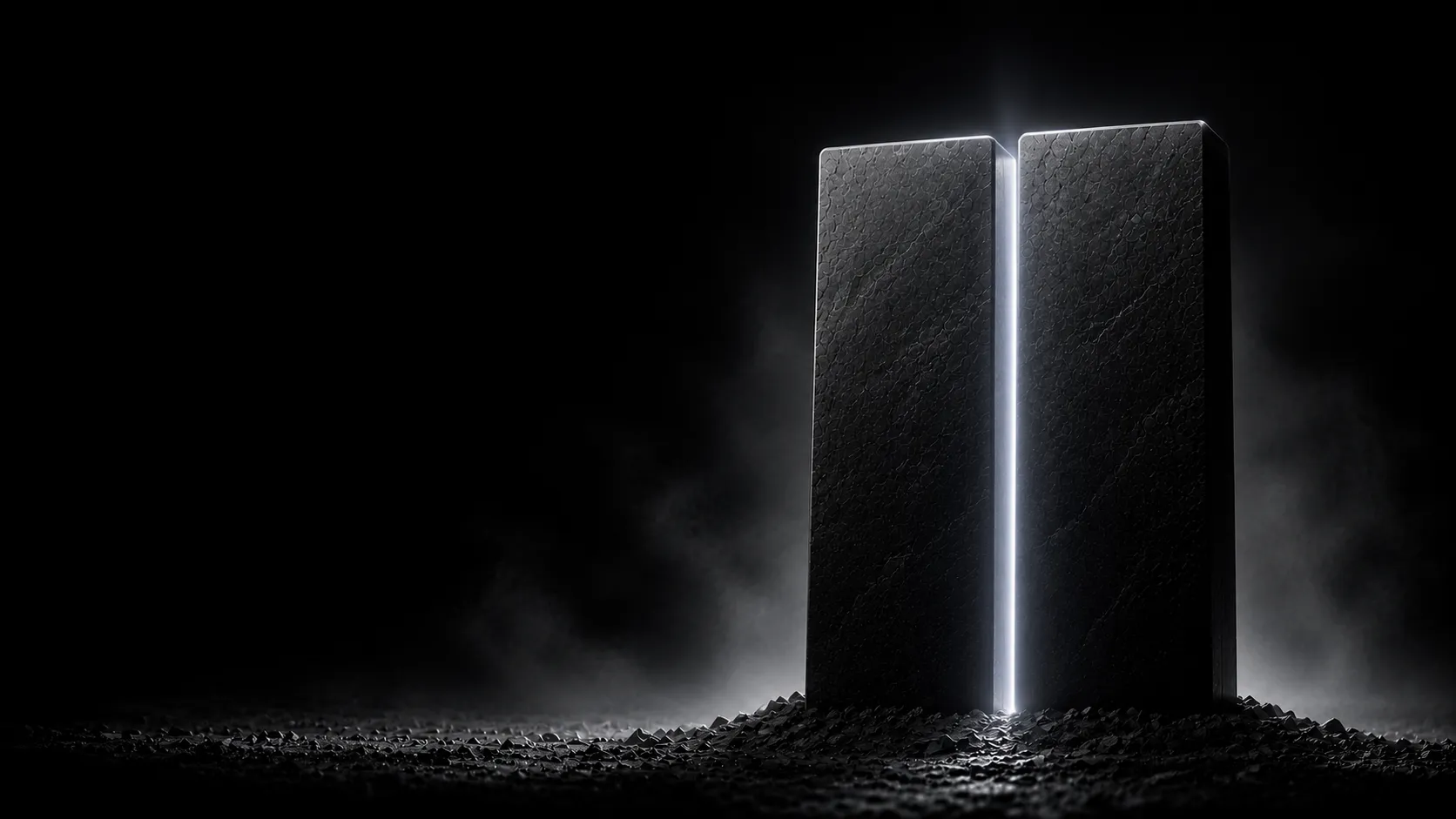 Abstract monochrome illustration: twin mirrored dark monoliths with a vertical white seam of light β citations in Google Gemini.