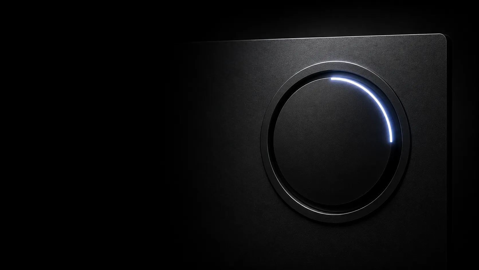 Abstract monochrome illustration: a dark instrument dial with a white indicator arc — measuring AEO ROI.