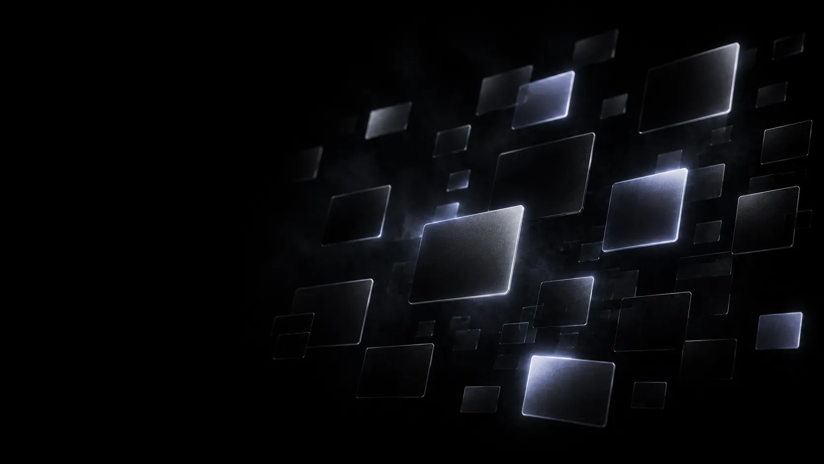 Abstract monochrome illustration: a constellation of dark floating cards, several glowing white — tracking AEO across multiple brands.