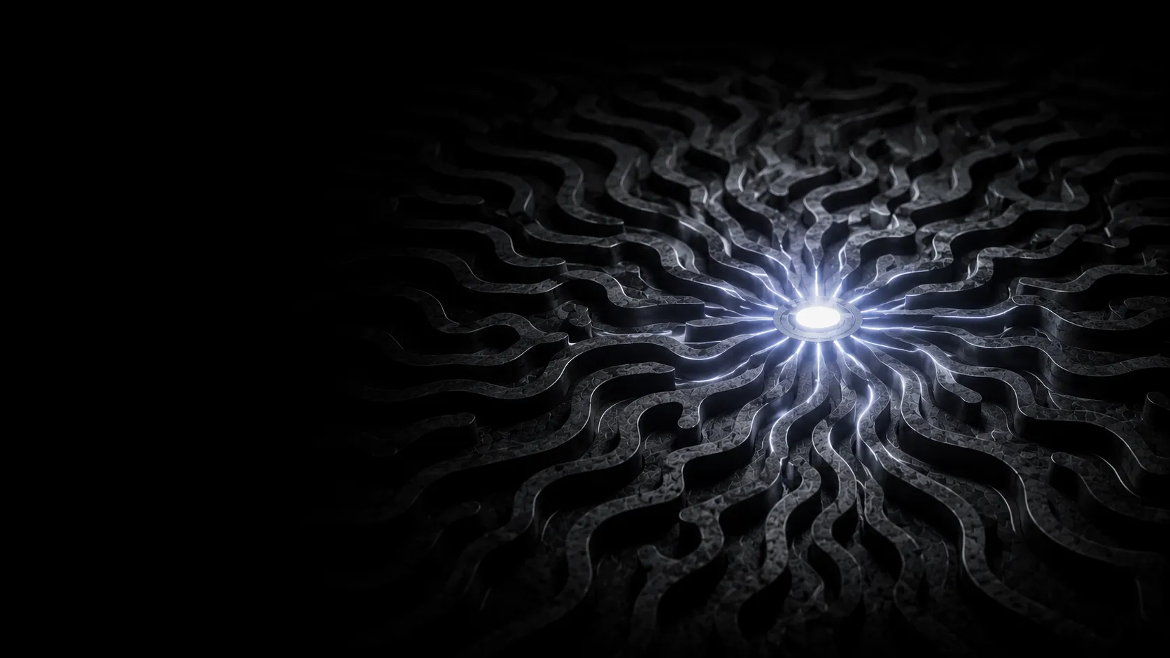 Abstract monochrome illustration: a dark branching labyrinth resolving into one bright white center node — citations in Perplexity.