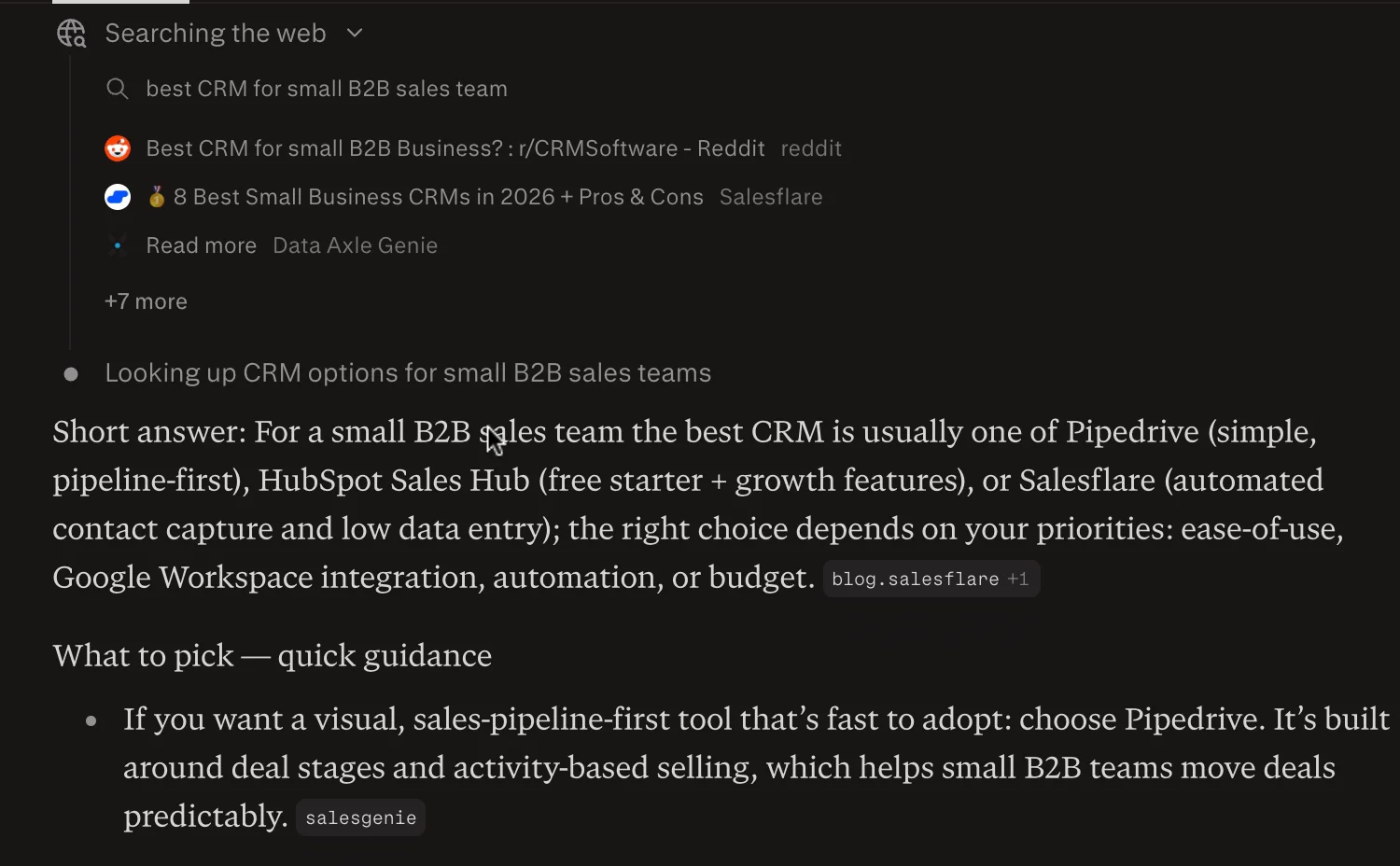 Perplexity answering "What's the best CRM for a small B2B sales team?" — it searches the web, surfaces the sources it pulled from (Reddit, Salesforce, Data Axle Genie and more) as cards, then names Pipedrive, HubSpot Sales Hub, and Salesflare with inline source citations.