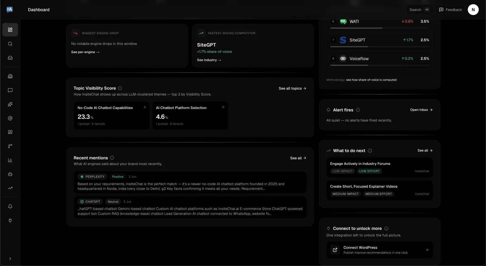 Perplexity recommending InsiteChat in a real AI answer, shown in FixAEO's mentions view with positive sentiment.