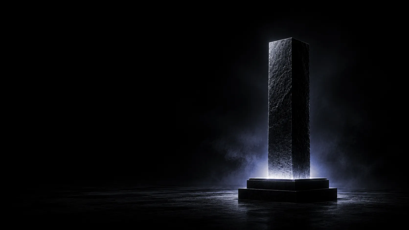 Abstract monochrome illustration: a single foundational dark monolith rising into white light — the fundamentals of Answer Engine Optimization (AEO).